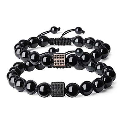 Imagen de COAI Pulseras para Pareja de Turmalina Negra con Amuleto Cubo Circonitas
