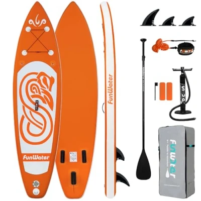 Imagen de FunWater Tabla de Paddle Surf Hinchable, Ultraligera para Todos los Niveles, con Remo Ajustable, Tres Aletas, Kit Mantenimiento, Conector Válvula
