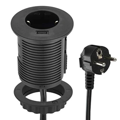 Imagen de Electraline 62558 Regleta Base Multiple con Enchufe Grommet de Escritorio Quick Charge 2.0A, 2 m Cabo, Ø 60 mm, Negro, 1 Steckdose + USB A