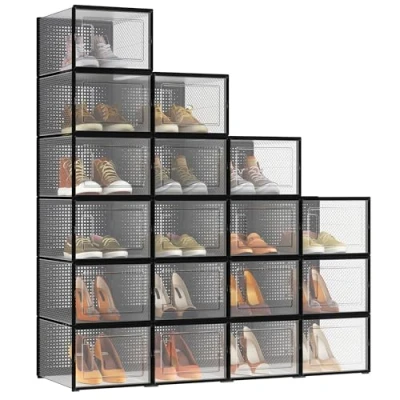 Imagen de SONGMICS Cajas para zapatos, 18 unidades, plegable, tallas de hasta 46, transparente y negro LSP007B18