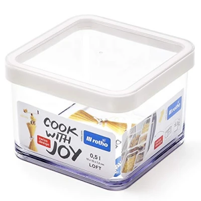 Imagen de Rotho Loft caja de almacenamiento cuadrada 0.5l con tapa y sello, Plástico (SAN) libre BPA, transparente/blanco, (10.0 x 10.0 7.2 cm)