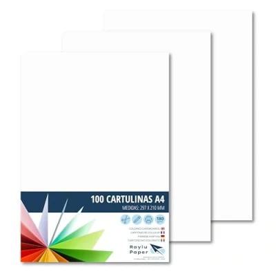 Imagen de Raylu Paper® Cartulinas A4 100 unidades de color blanco, 180gr 210 x 297 mm, Ideal para encuadernación, trabajos oficina, dibujo, manualidades. aptas uso escolar. (Blanco)