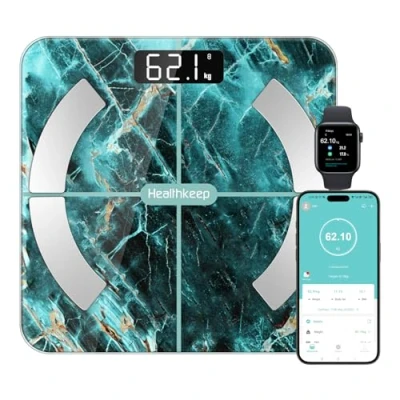 Imagen de báscula de grasa corporal, digital con aplicación, Bluetooth para IMC, peso, masa muscular, agua, proteínas, músculo esquelético, peso óseo, BMR, etc.