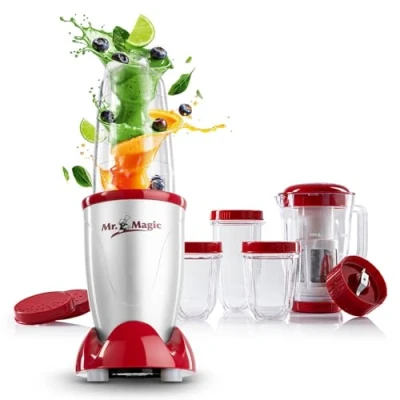Imagen de GOURMETmaxx Mr. Magic Mixer Smoothie Maker Con pack de accesorios XXL Batidora pie 18 piezas tapas herméticas a prueba fugas Procesador alimentos para batidos, smoothies, etc.