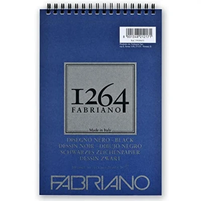 Imagen de Fabriano Honsell 19100651 Disegno Nero Bloc de Dibujo con Espiral 1264, 200 g/m², DIN A5, 20 Hojas Papel Satinado Negro Grano Medio, sin ácidos, para Todas Las técnicas Secado