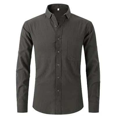 Imagen de Men Linen Shirt Solid Color Slim Fit Long Sleeve Lapels Button Down Spring Summer Casual No Ironing Basic C Dark Grey S