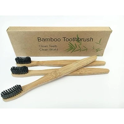 Imagen de Juego de 3 cepillos dientes bambú con mango madera y cerdas carbón activo bambú, 100% reciclables, respetuosos el medio ambiente