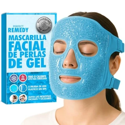 Imagen de Perfect Remedy Máscara Gel Frío Cara Reutilizable Antifaz y Calor Fría Dolor Cabeza Migraña Bolsas Ojeras Inflamación Cuidado Facial para Hombre Mujer [Azul]