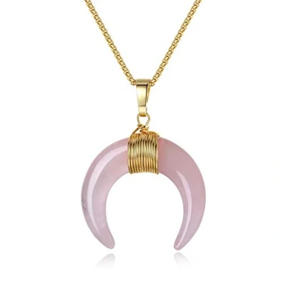 Imagen de COAI Collar para Mujer de Acero Inoxidable con Colgante Doble Cuerno Luna Creciente Cuarzo Rosa Piedra Natural Gema Preciosa