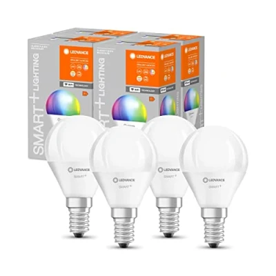 Imagen de LEDVANCE Lámpara LED inteligente con tecnología WiFi, enchufe E14, regulable, color de luz cambiante(2700 6500K), colores RGB cambiables, reemplazo 40W,SMART+ WiFi Mini Bulb Multicolor,paquete 4