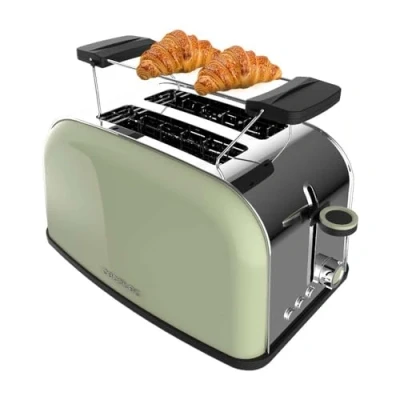 Imagen de Cecotec Tostador Vertical Toastin&#039; Time 850 Green, 850W, Doble ranura corta y ancha 3,8cm, Varillas Superiores, Acero Inoxidable, Apagado Pop up Automático, Recogemigas
