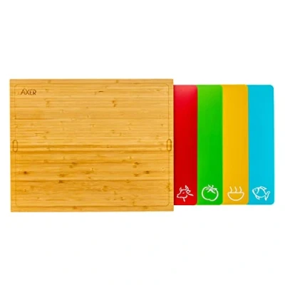 Imagen de Tabla de cortar madera bambú Axer con alfombrilla corte codificada colores plástico flexible apta para lavavajillas, juego 4 (Bambú)