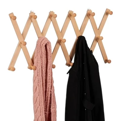 Imagen de Relaxdays Perchero Pared Extensible, Colgador Recibidor Madera, Entrada, Pasillo, Estilo Acordeón, 17 Ganchos, Natural
