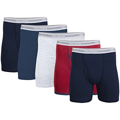 Imagen de Gildan Underwear Boxer Briefs, Multipack Ropa Interior de Hombres, Azul Marino/Azul Marino Jaspeado/Gris Deportivo/Punto/Azul (Paquete 5, Longitud clásica), XXL (Pack 5)