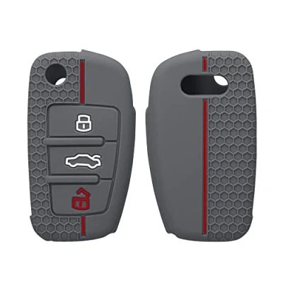 Imagen de kwmobile Carcasa Compatible con Llavero de Audi Llave Coche Plegable 3 Botones Funda para Mando Silicona Gris/Rojo