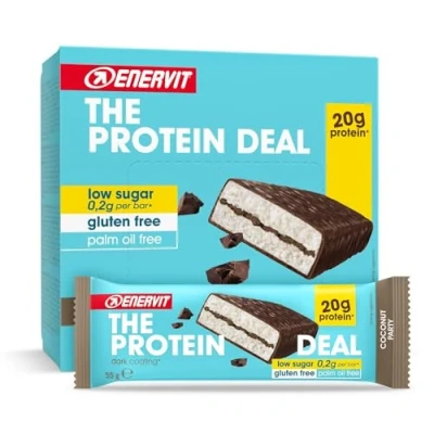 Imagen de Enervit The Protein Deal Coconut Party, Barritas Proteicas, 20g de Proteína, Sabor Coco y Chocolate Negro, Snacks Proteicos Sin Gluten, Bajos en Azúcar, 12 x 55g