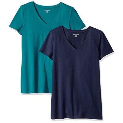 Imagen de Amazon Essentials Camiseta de Cuello en v Manga Corta y Ajuste Clásico Mujer, Pack 2, Verde Oscuro/Azul Marino, L