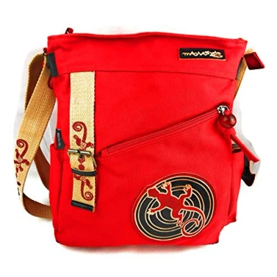 Imagen de Macha bolso de algodón étnico con estampados coloridos e inserciones cuero, hombro y cuero para mujer Indio colorido (Red)
