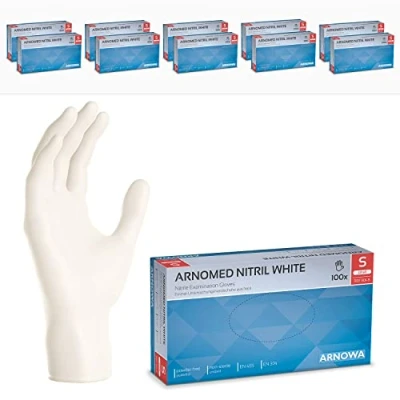 Imagen de ARNOMED guantes nitrilo talla S, de blancos, 10 cajas (1000 uds), desechables para mecanico, sin polvo y látex en XS, M, L, XL