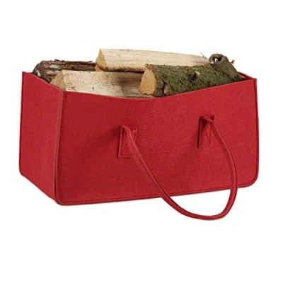 Imagen de Relaxdays 25x25x50 cm Bolsa para Leño con Asas Largas, Fieltro, Rojo, 25 x 50