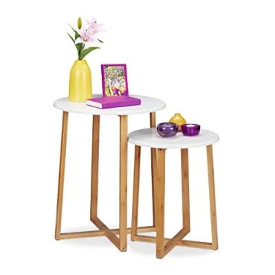 Imagen de Relaxdays Set de 2 Mesitas Auxiliares, Redondas, 48,5 y 60,5 cm Altura, Diseño Moderno, Mesa Salón, Natural/Blanco, Bambú, x 50