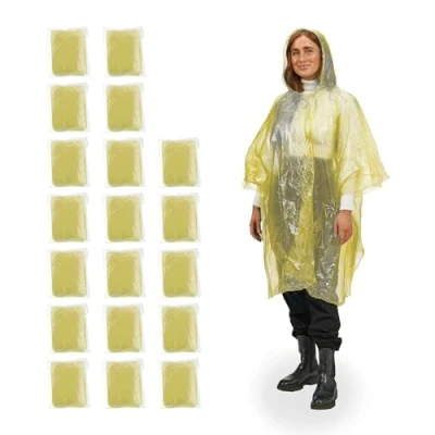 Imagen de Relaxdays Pack 20 Chubasqueros Desechables, Ponchos Lluvia con Capucha, Chaquetas Antilluvia Emergencia Unisex, Amarillo, 123 x 125 cm