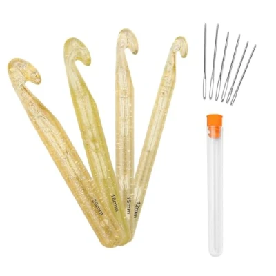 Imagen de 0XBIT Crochet Kit, 4 Piezas Ganchillos Ergonomicos, Agujas de Cristal, Tamaños 12 mm 15 18 20 mm, con Aguja, Agarre Cómodo, Superficie Lisa, para Tejer