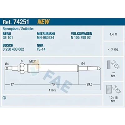 Imagen de FAE 74251 Bujía de precalentamiento 4,4V M 8x1 AUDI: A4 B7 Berlina, A3 Hatchback, Sportback, VOLKSWAGEN: Passat B6 Touran I, Golf 5