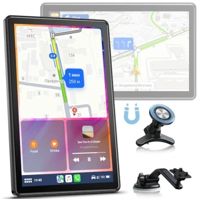 Imagen de Volam 8 Pulgadas Pantalla Carplay Coche para Apple Android Auto, Portátil con Navegación en Directo, Superenlace, Control por Voz, Soporte Magnético, Horizontal y Vertical