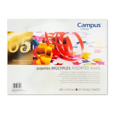 Imagen de Campus Bloc de Papeles Surtidos para Manualidades, Cuaderno Multipapeles 65 Hojas, Incluye Cartulina, Papel Charol, Celofán, Seda y Metalizado Manualidades (240 x 320 mm)