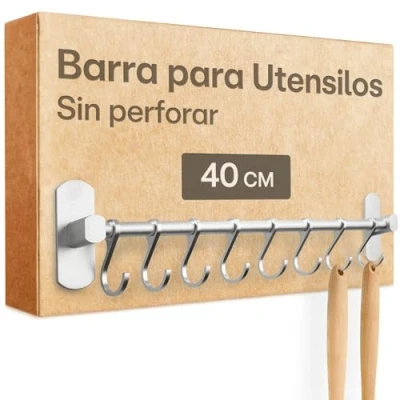 Imagen de Praknu Barra para Utensilios de Cocina con 8 Ganchos Adhesiva Instalación sin Taladro 40 cm