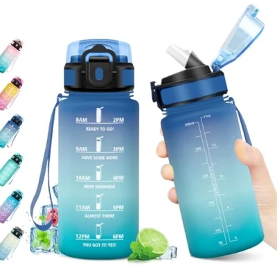 Imagen de Botella 500ml, Agua con Pajita, Cantimplora Deportiva Marca de Tiempo, Reutilizable, Garrafa sin BPA, para Niños, Oficina, Bicicleta, Yoga, Running, Gym, Escuela, Viaje