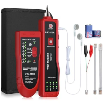 Imagen de Proster Comprobador de Cables RJ45 RJ11 con Pelacables Tester Red Auriculares Rastreador para LAN Ethernet Líneas Telefónicas Rojo