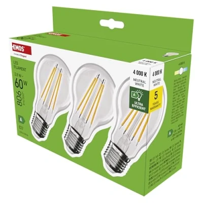 Imagen de EMOS bombilla LED de filamento A60 Clase A vintage Casquillo E27 Blanco neutro 806lm Extraeconómica, 3,8 W (en lugar 60W) 50.000 horas Ángulo 300 CRI mín