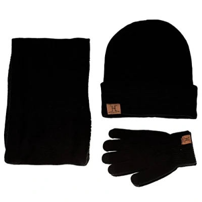 Imagen de Gorros de Punto Hombre, Conjunto Guantes Bufanda y Gorro Invierno para Hombres Mujeres,3 Piezas (Negro)