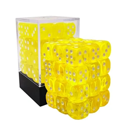 Imagen de Bescon 12mm 6 Sided Dice 36 in Brick Box, Six Die (36) Block of Dice, Translucent Yellow with White Pips
