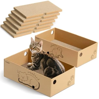 Imagen de Ycozy rascador para Gatos con 2 Cajas y 6 Tablas rascar, Grande XXL, cartón de Doble Cara Gatos, Intercambiable, Resistente