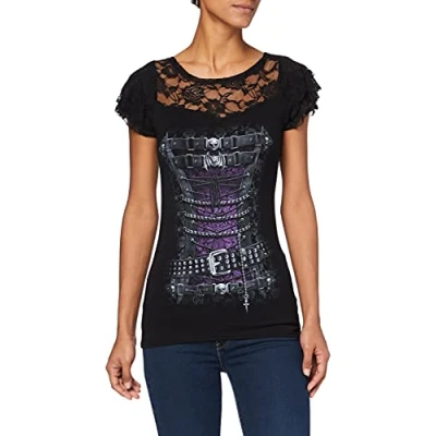 Imagen de Spiral Waisted Corset Camiseta con Mangas de Casquillo Capas Encaje en los Hombros Negro M