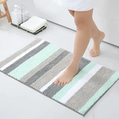Imagen de Homaxy Alfombra de baño Antideslizante, a Rayas Microfibra Suave, Absorbente Pelo Largo, Lavable máquina, 50 x 80 cm, Color Verde y Gris