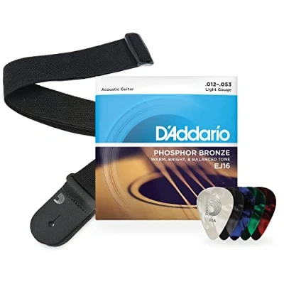 Imagen de D&#039;Addario Kit de Cuerdas Phosphor Bronze 12 53 Calibre Fino, 10 Púas Surtidas Celuloide Grosor Medio y Correa Polipropileno Negra para Guitarra Acústica