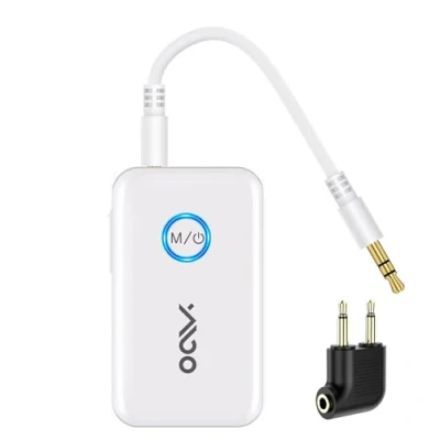 Imagen de YMOO Transmisor Receptor Bluetooth 5.3,Adaptador Audio 3.5mm Jack Aux HiFi, Aptx Baja Latencia,100ft Transmisión de Música Desde TV/Tablet/Smartphone/Portátil al Avion/Auriculares/Altavoces