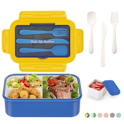 Imagen de LUZOON Lunch Box,1400Ml Bento Box Fiambrera Infantil y Adultos con 3 Compartimentos Cubiertos Caja de Almuerzo Plástico Alimentos sin BPA, para microondas(Azul+Recipientes Salsas)