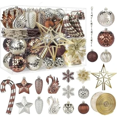 Imagen de Alupssuc Juego de 128 Adornos Navideños, Bolas Irrompibles para Decoración árbol Navidad, Flores Cinta, Adorno Fiesta Boda con Ganchos, Marrón &amp; Oro