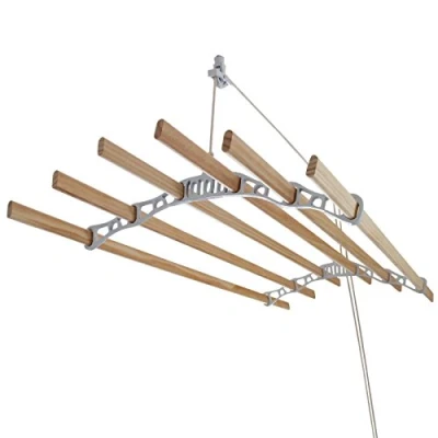 Imagen de MonsterShop Tendedero de Techo con Sistema Poleas en Blanco y 6 Listones Madera 1.8m Colgante Estructura para Colgar Secar Ropa Colgador Habitación Interior Kit Fijación GRATIS
