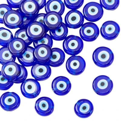 Imagen de NBEADS 1 Filamento (alrededor de 38 Piezas) Azul Plano Redondo Mal Ojo Hecho A Mano Lámpara Cristal Cuentas Espaciador para Pulseras Collar Bisutería