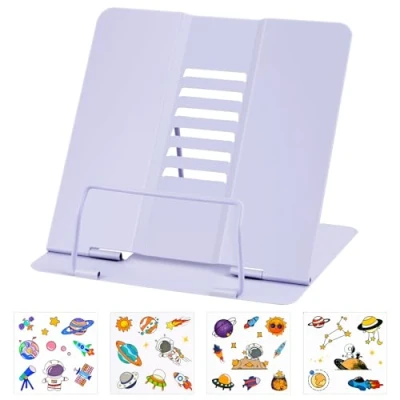 Imagen de MINISOISO Atril Metálico para Libros, Soporte Libro Leer con 6 Alturas Ajustables, de Lectura Metal Plegable Tableta, Música, Recetas, Cocina, Oficina, Púrpura