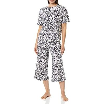 Imagen de Amazon Essentials Conjunto de Pijama Punto (Disponible en Tallas Grandes) Mujer, Azul Marino Silueta Flores, XS