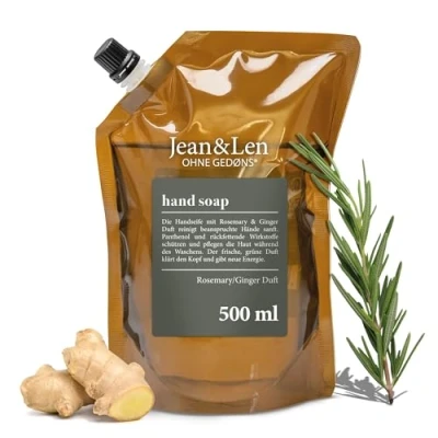 Imagen de Jean&amp;Len jabón de manos con romero y jengibre, limpia las castigadas, para uso diario, líquido en una bolsa recambio, sin parabenos, siliconas ni microplásticos, 500 ml