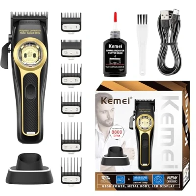 Imagen de KEMEI Cortapelos profesional para hombres, cortadora de pelo inalámbrica con motor levitación magnética 8800 rpm, kit corte ajustable base carga