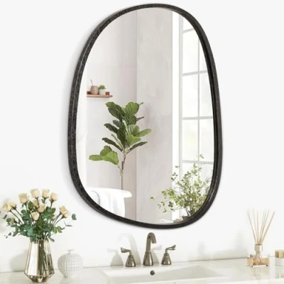 Imagen de espejo de pared asimétrico irregular negro ovalado con marco madera, colgante para baño, espejos dormitorio, sala estar, entrada, pasillo, decorativo único